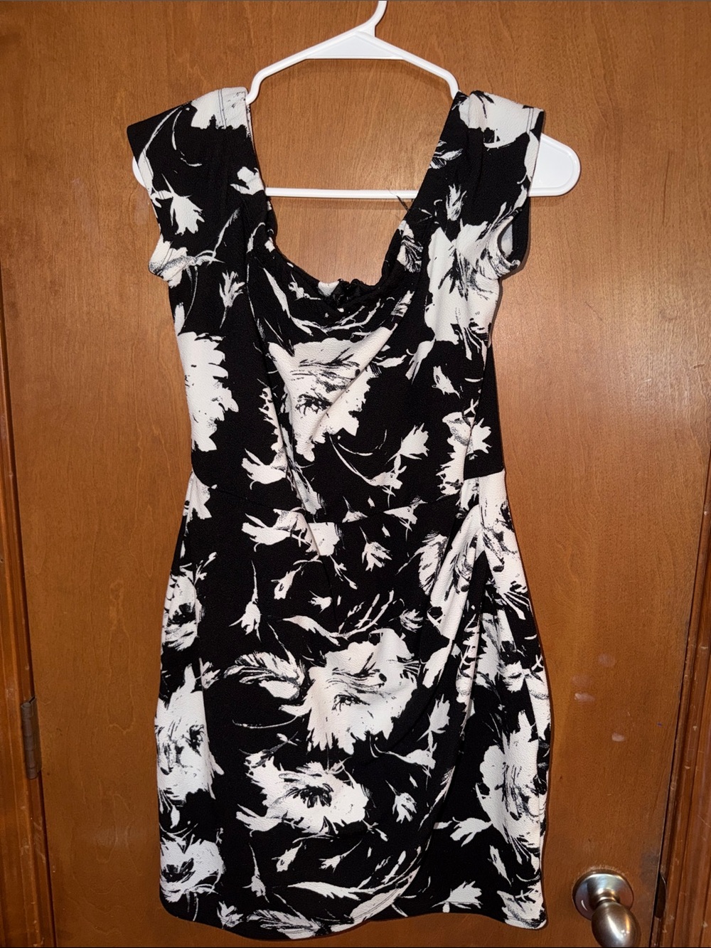Black & White Floral Midi Dress with Cap Sleeves